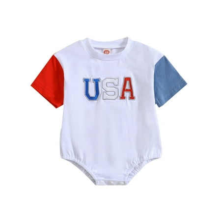 

HOANSELAY Independence Day Baby Girls Boys Romper Short Sleeve Crew Neck Embroidery Letters Summer Bodysuit