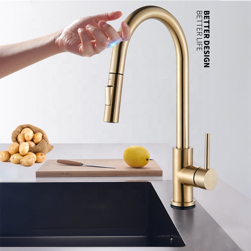 Brushed Gold Sensor Kitchen Sink Faucets Pull Out 360° Touch Control Mixer Tap