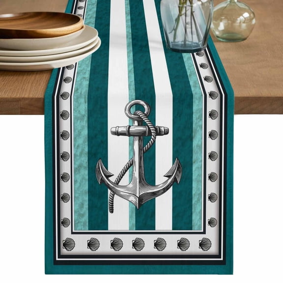 Teal Blue Anchor Cotton Linen Table Runner for Dining Kitchen, Nautical Summer Beach Coastal Ocean Wedding Outdoor Party Tablerunners Decoration, Dresser Scarf Coffee Tablecloth Runners 13x36 Inches
