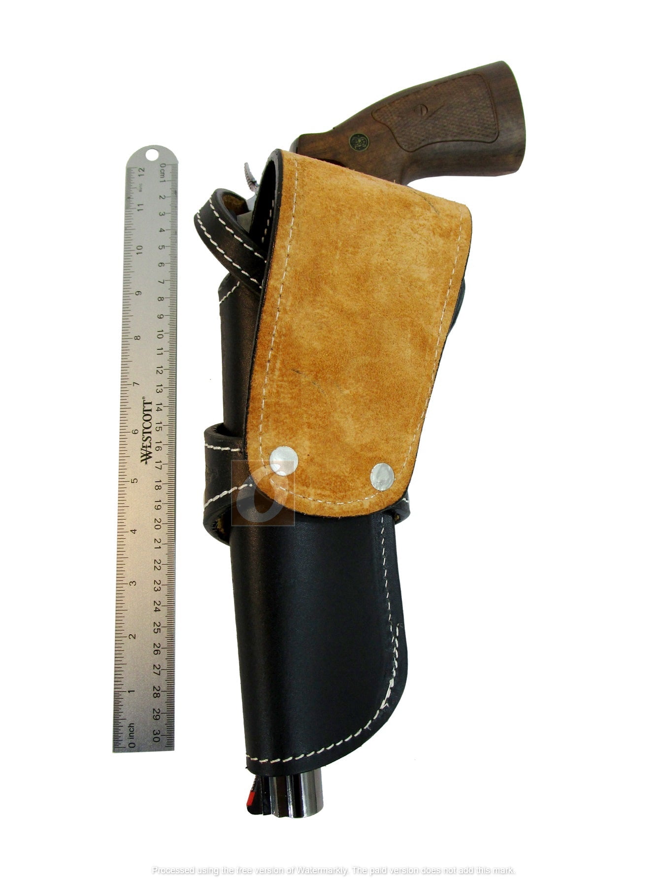 Leather Holster Long Barrel Western Gun Cover Wavy Black Color - Right Handed