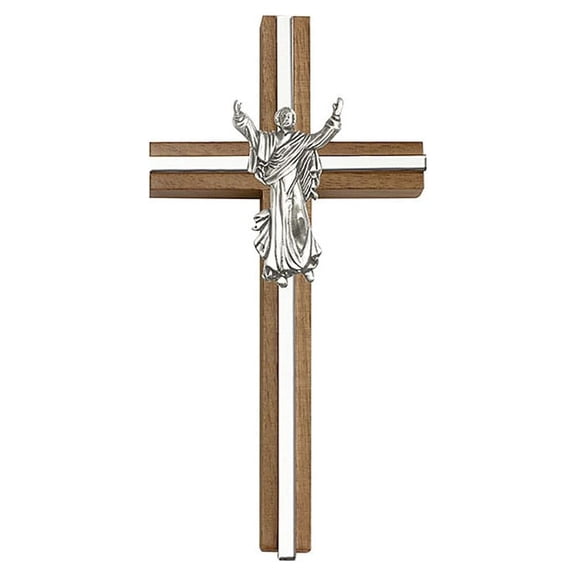 6 inch Contemporary Risen Christ Cross, Walnut w/ Antique Silver inlay