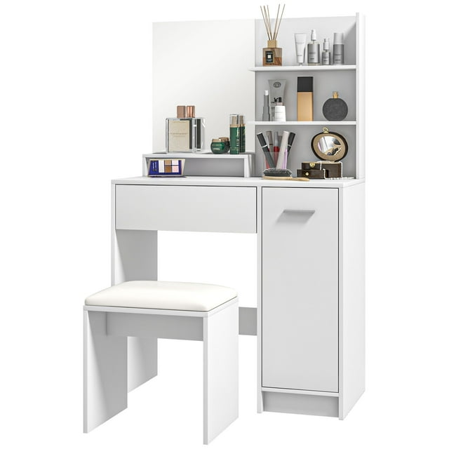 CoSoTower Vanity Set with Mirror and Stool, Makeup Vanity Table with Storage Drawer, Cabinet, Adjustable Shelf for Bedroom, White