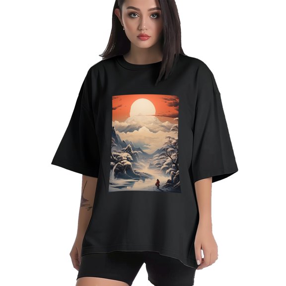 Plus Size Shirt for Women Black Tops for Women Short Sleeves Shirt for Women Snowy Mountain T Shirt Crewneck Shirt for Women XS