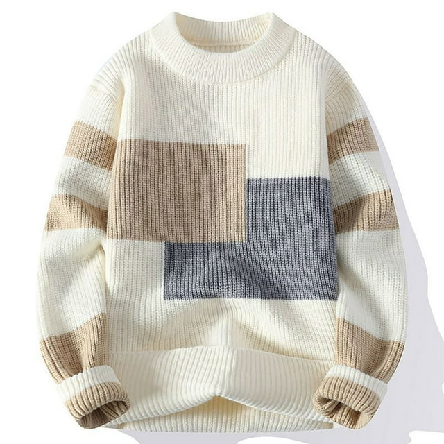 Cameland Chandail d'Hiver Décontracté pour Hommes, Design à Blocs de Couleur, Haut Confortable à Manches Longues et Col Rond