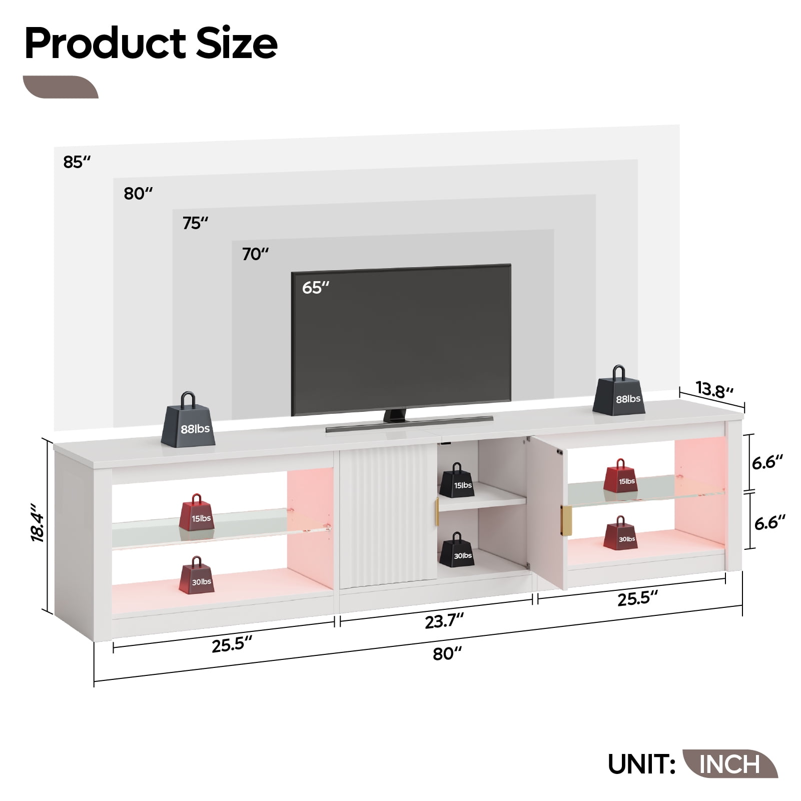 Bestier 80 inch TV Stand for TVs up to 85", High Gloss Entertainment Center with LED Lights & Storage Cabinet, Modern Fluted TV Console, White