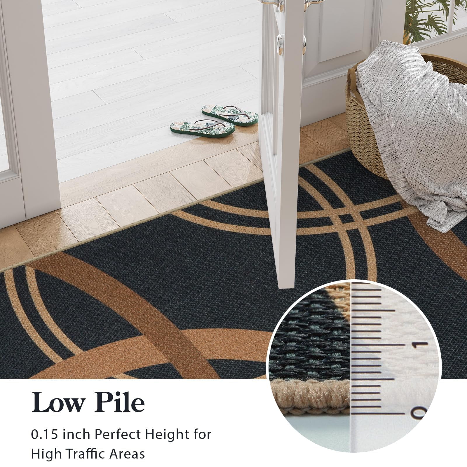 SUNDEREY 2'6"x8' Geometri Kitchen Rug,Runner Rugs 2.6x8ft Hallway Easy Jute Rug,Non Slip Washable Circular Pattern Rug,Soft Non-Slip Khaki Indoor Carpet for Entryway Laundry Bedroom,Black