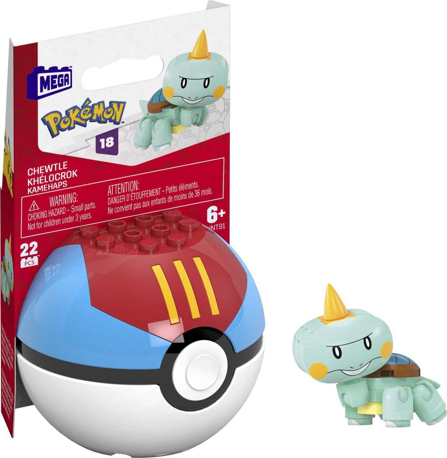 MEGA Pokémon Chewtle Building Toy Kit, Poseable Action Figure with Poké Ball - 22 Pieces