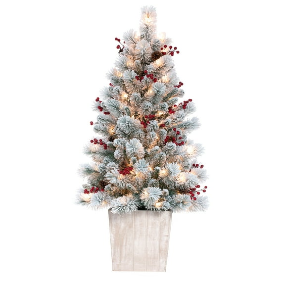 Haute Decor 4 Foot Pre-Lit Frosted Ashcroft Fir Potted Christmas Tree - With Red Berries and Whitewash Wooden Planter Pot