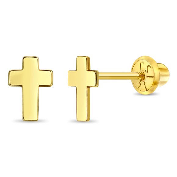 Boucles d'Oreilles Croix Classiques en Or Jaune 14k à Vis pour Tout-Petits et Petites Filles