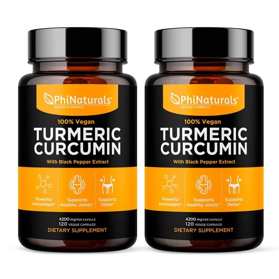 Turmeric Curcumin Supplement with Black Pepper Extract - 2 Pack - 4200 mg Whole Curcuma Root Equivalent Per 3 Capsules Serving - Tumeric Pills by PhiNaturals