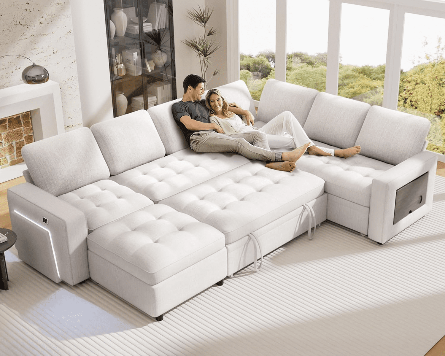 7-Seat Modular Sectional Sofa with Pull-Out Bed, Reclining Backrest, USB Ports, Table, LED Lights & Storage Seats – Tool-Free Assembly, Comfortable Living Room Furniture