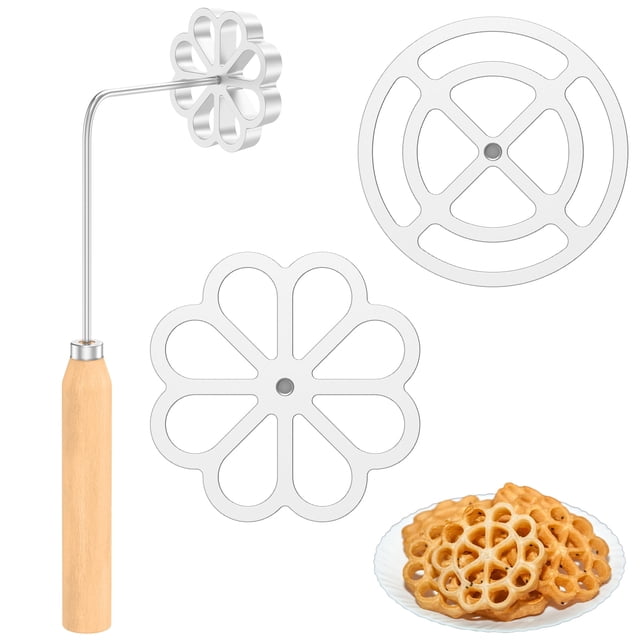 Vensio Aluminum Alloy Rosette Maker Set with 10-Inch Handle 2 Interchangeable Heads for Crispy Flower Waffles Silver