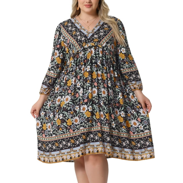 Vestido de verano de talla grande Agnes Orinda para mujeres, casual, bohemio, floral, con escote en V, manga 3/4, midi, corto, vestido de playa 1X negro y amarillo