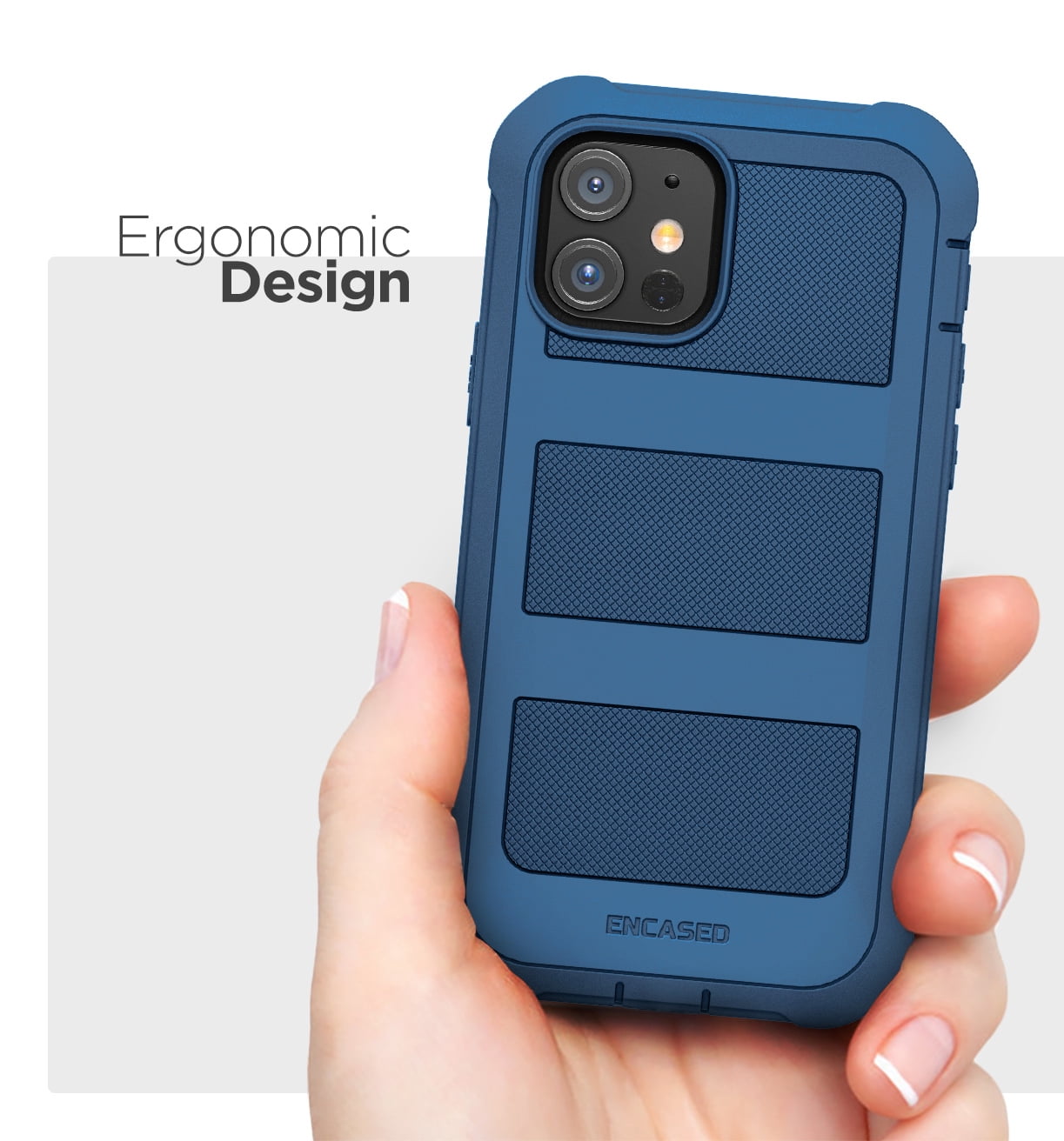 Encased Apple iPhone 12 Case with Screen Protector and Belt Clip (Falcon) Protective Full Body Cover with Build-in Screen Guard and Holster - Navy Blue