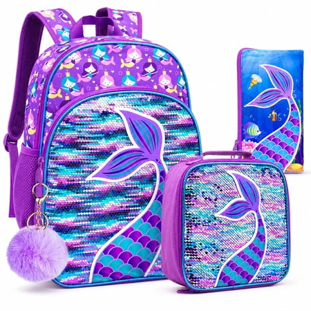 3PCS Mermaid Backpack for Girls, 16" Sequin Preschool Elementary Bookbag and Lunch Box