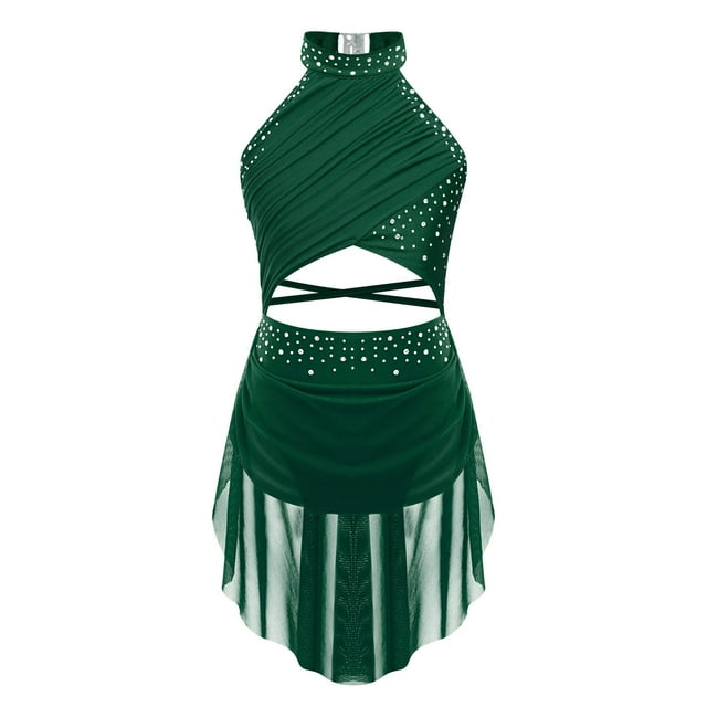 Miaeowve Robe de Danse Lyrique Sans Manches Découpée devant Dos Nu Justaucorps Robes Scintillantes Modernes Vert 14