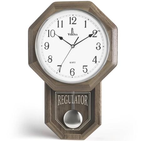 Grey Ash Regulator Pendulum Wall Clock - Octagonal Wooden Frame, Quartz