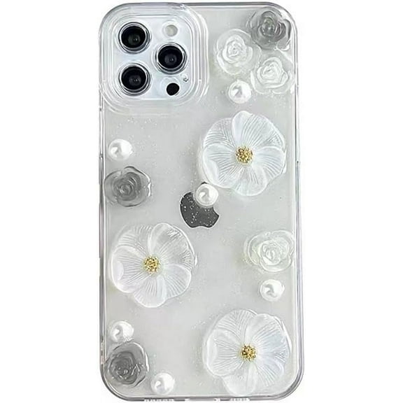 Fashion 3D Flowers Pearls Clear Phone Case Compatible with iPhone Case (Clear,iPhone 11)