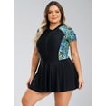 thumbnail image 4 of Sxiwei Woman Plus Size Swimwear Short Sleeve Zip Neck One Piece Swimdress Rash Guard Bathing Suits Black Green 5XL, 4 of 7