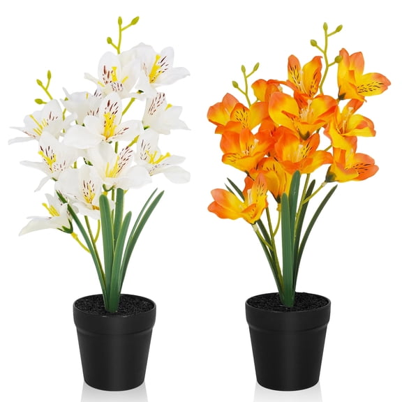 YOLETO Artificial Flowers in Pots - 2 Pack Faux Silk Potted Orchids Plants, Realistic Fake Phalaenopsis Floral Decor for Table Centrepiece, Home Indoor & Office Gift