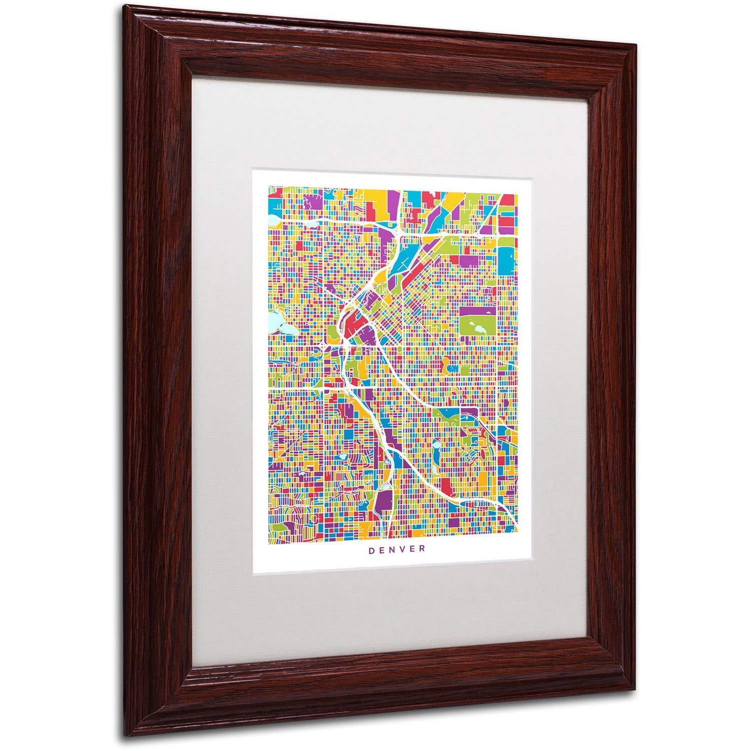 Trademark Fine Art "Denver Colorado Street Map 2" Canvas Art by Michael Tompsett, White Matte, Wood Frame