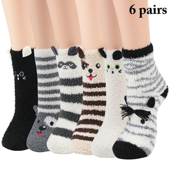Peaoy 6 Pairs Fuzzy Socks for Women Girls Cute Animal Crew Socks Winter Warm Socks Slipper Socks