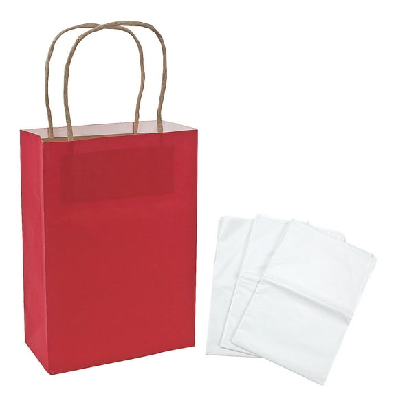Fun Express Kraft Paper Gift Bags & White Tissue Paper Kit Assortment May Vary, Medium Red, 6 1/2" x 9"