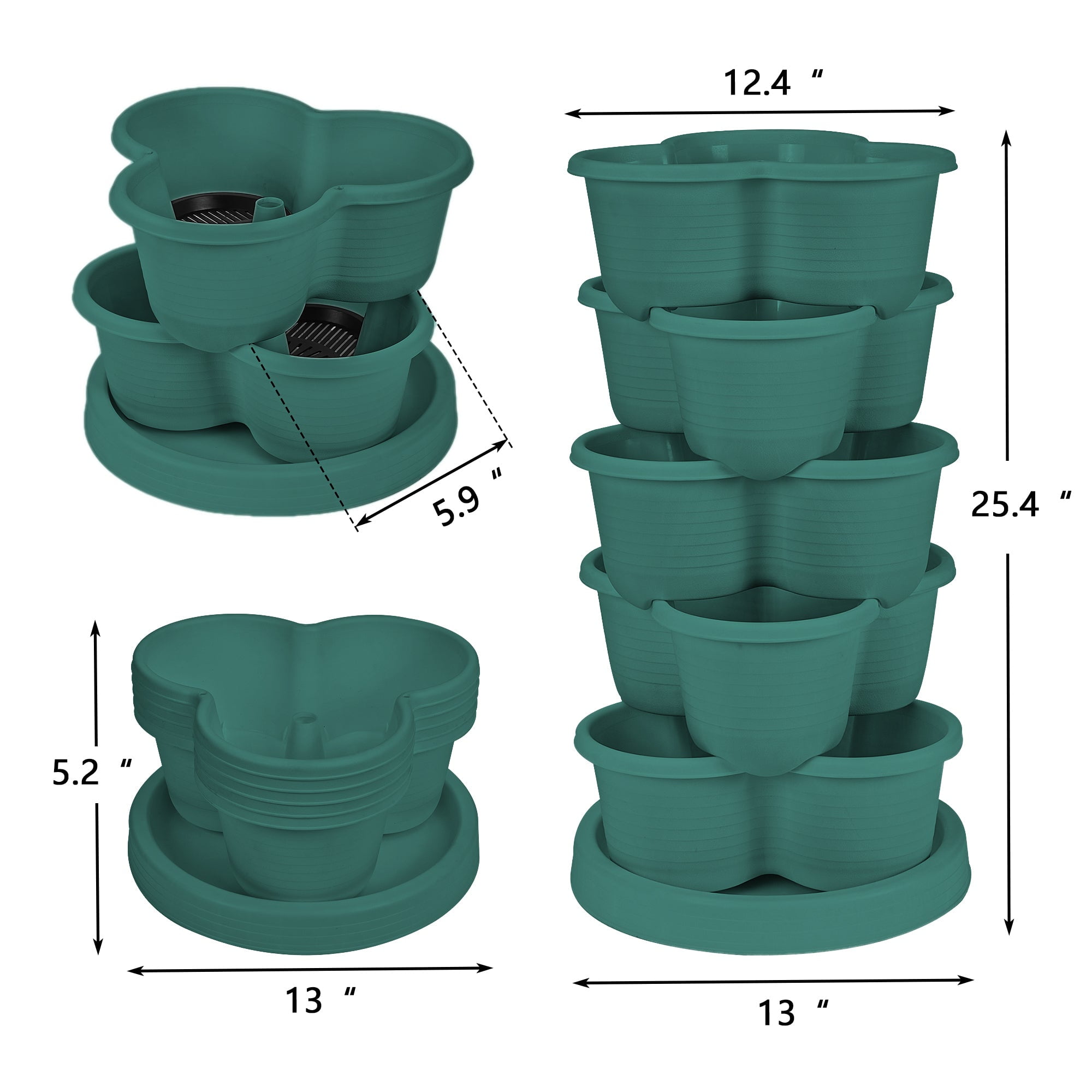 VECELO Stackable Planters 5 Tier Vertical Gardening Planter, Stackable Garden Tower Indoor Outdoor Pot For Strawberries, Flowers, Herbs, Vegetables With Removable Wheels, Dark Green