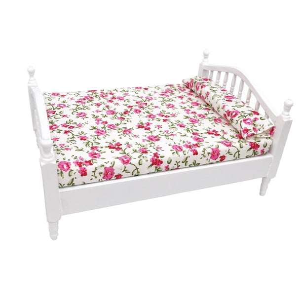 Miniatura de madera 1/12 Casa de Muñecas Cama Doble Hoja Floral Casa Muebles Niños Juguete para el Hogar Jumpingount WJ4205-00B
