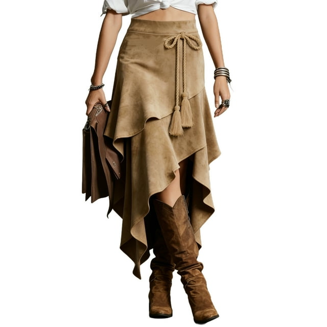 RXMEKW Asymmetrical Ruffled Midi Skirt for Women with Tassel Accents and String Waist in Polyester Fabric