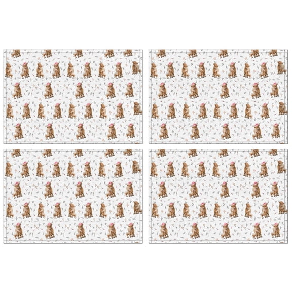 White Highland Cow Floral Pattern Summer Placemats Table Placemats Set Of 4-Linen Kitchen Washable Placemats Table Mats 11.8"x17.7" Non-Slip Heat Resistant