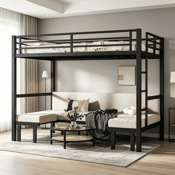 Black Metal Bunk Bed with Pull-Out Trundle and Safety Rails, Space Saving Twin XL Bed Frame for Small Rooms and Apartments