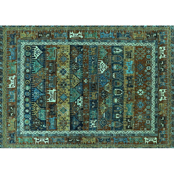 Ahgly Company Machine Washable Indoor Rectangle Oriental Turquoise Blue Industrial Area Rugs, 7' x 9'