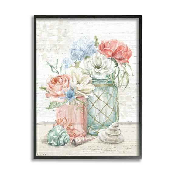 Stupell Industries Relaxed Nautical Bouquets in Beach Jars Seashells Nature Painting Black Framed Art Print Wall Art, 11 x 14