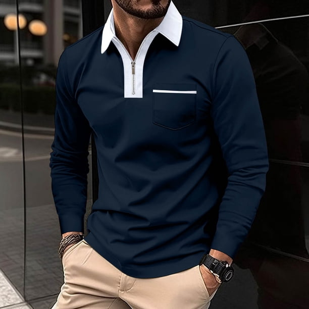 pstuiky camisas de manga larga para hombre, Camisa de golf de moda para hombre, de manga larga, con bolsillo y cuello abatible, de color liso camisetas de hombre m