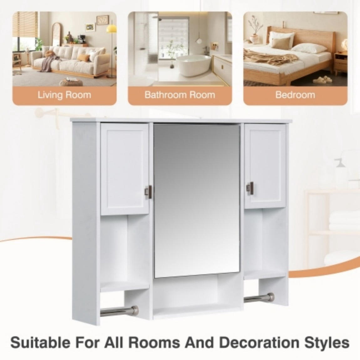 35"x 28" Wall Mounted Bathroom Medicine Cabinet with Mirror, Bathroom Storage Cabinet with Towel Bar, Adjustable Shelves, 3-Door MDF Wall Cabinet, White