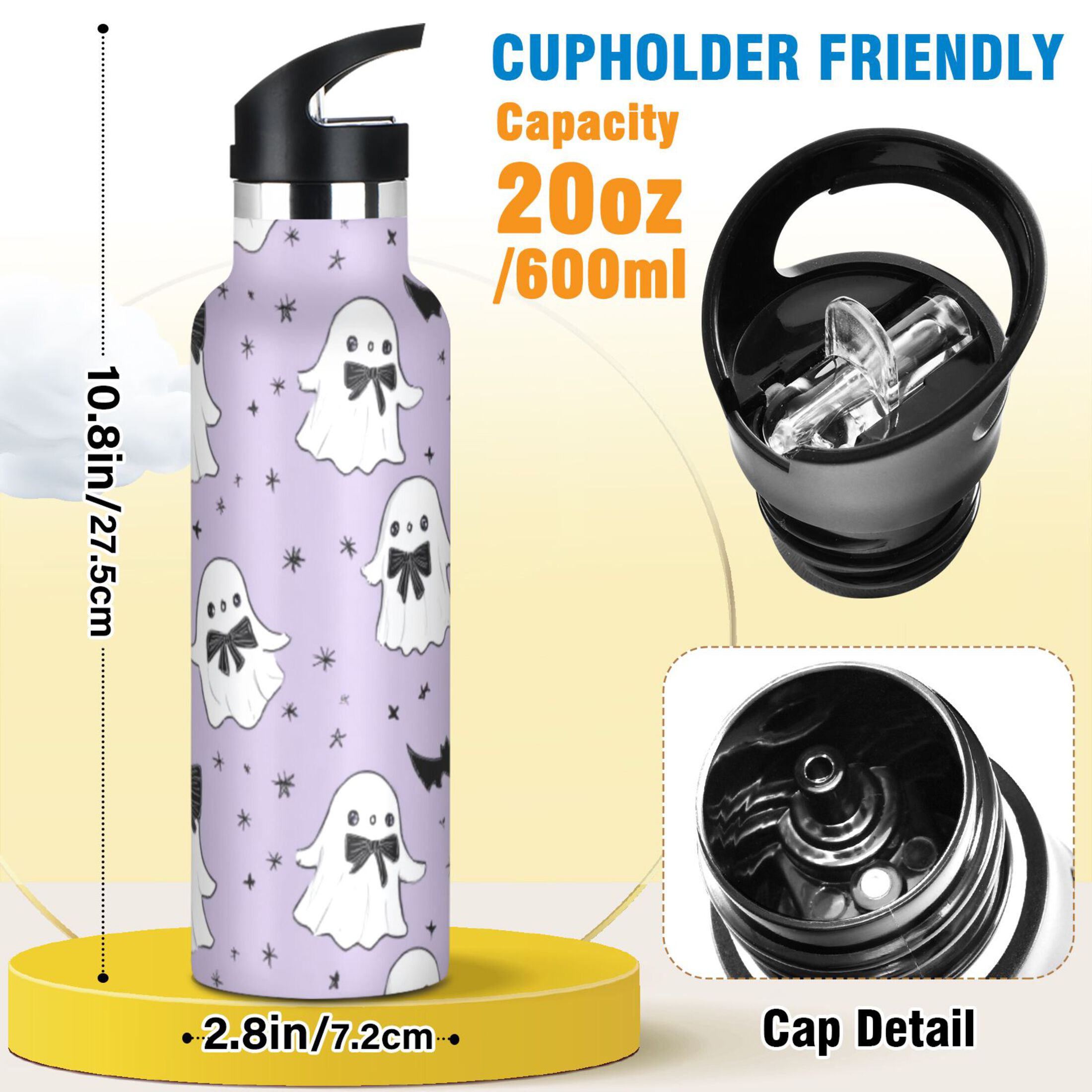 Kids Insulated Stainless Steel Sports Water Bottle 600ml (20oz) Ghost with A Bow Tie