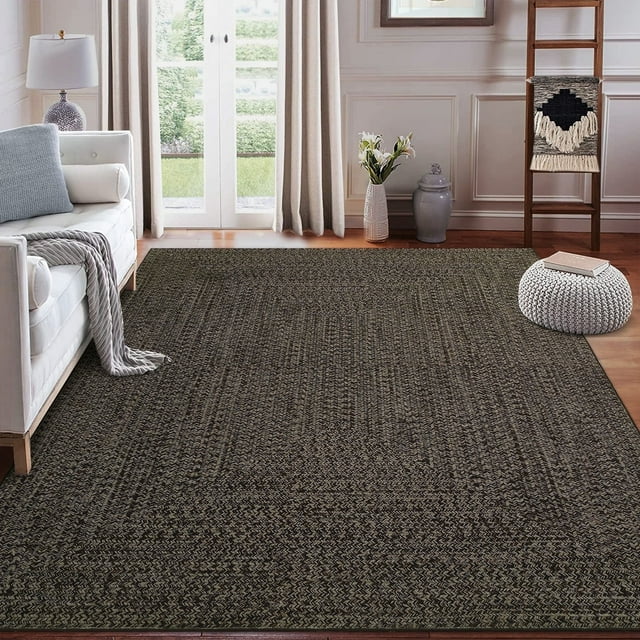 Garvee 8'x10' Area Rugs Braided Print Rug, Machine Washable Indoor Rug Non-Slip Low Pile Farmhouse Solid Carpet for Bedroom, Living Room, Dining Room Office, Brown