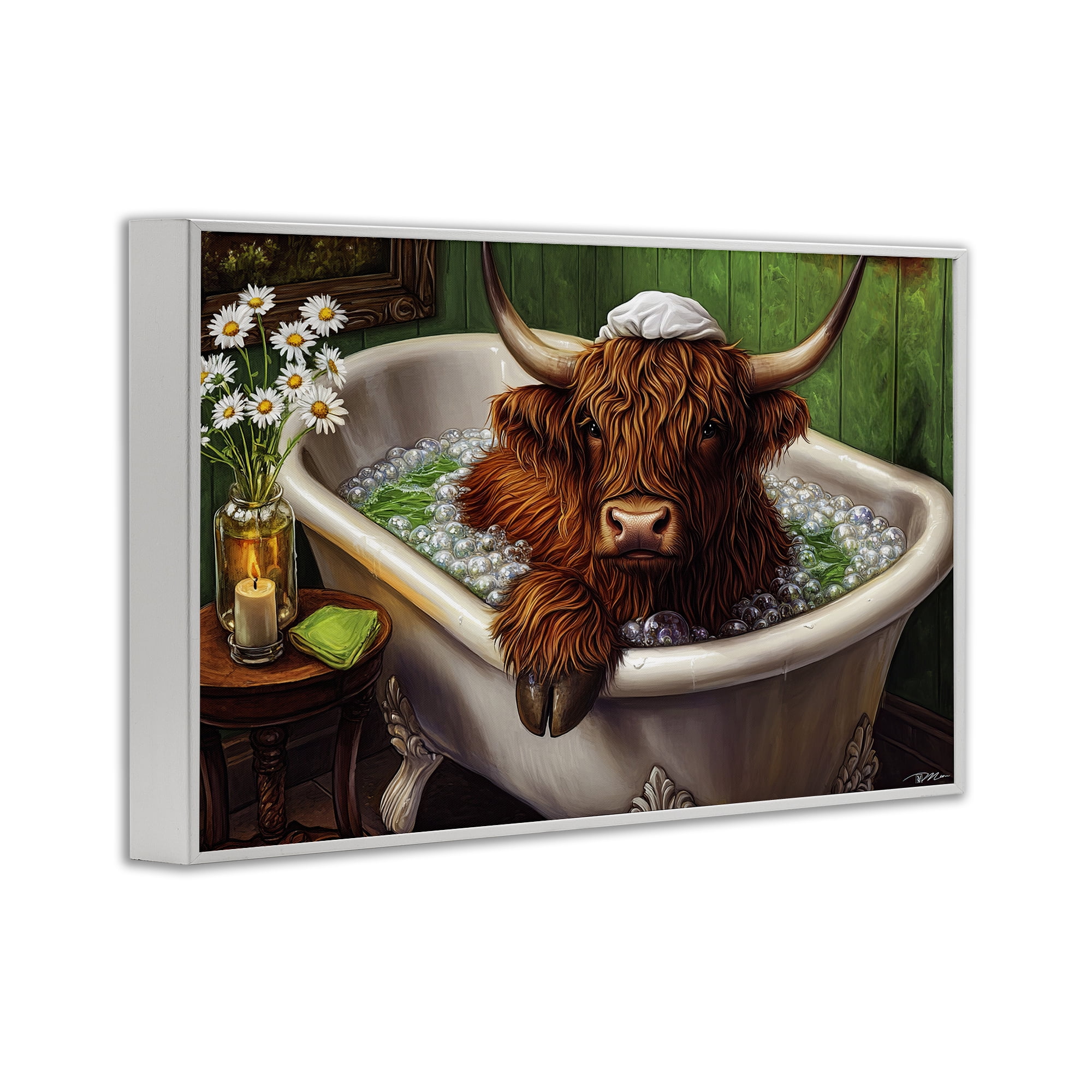 Highland in Candle Lit Bubble Bath White Framed Giclee Art, design by Momart