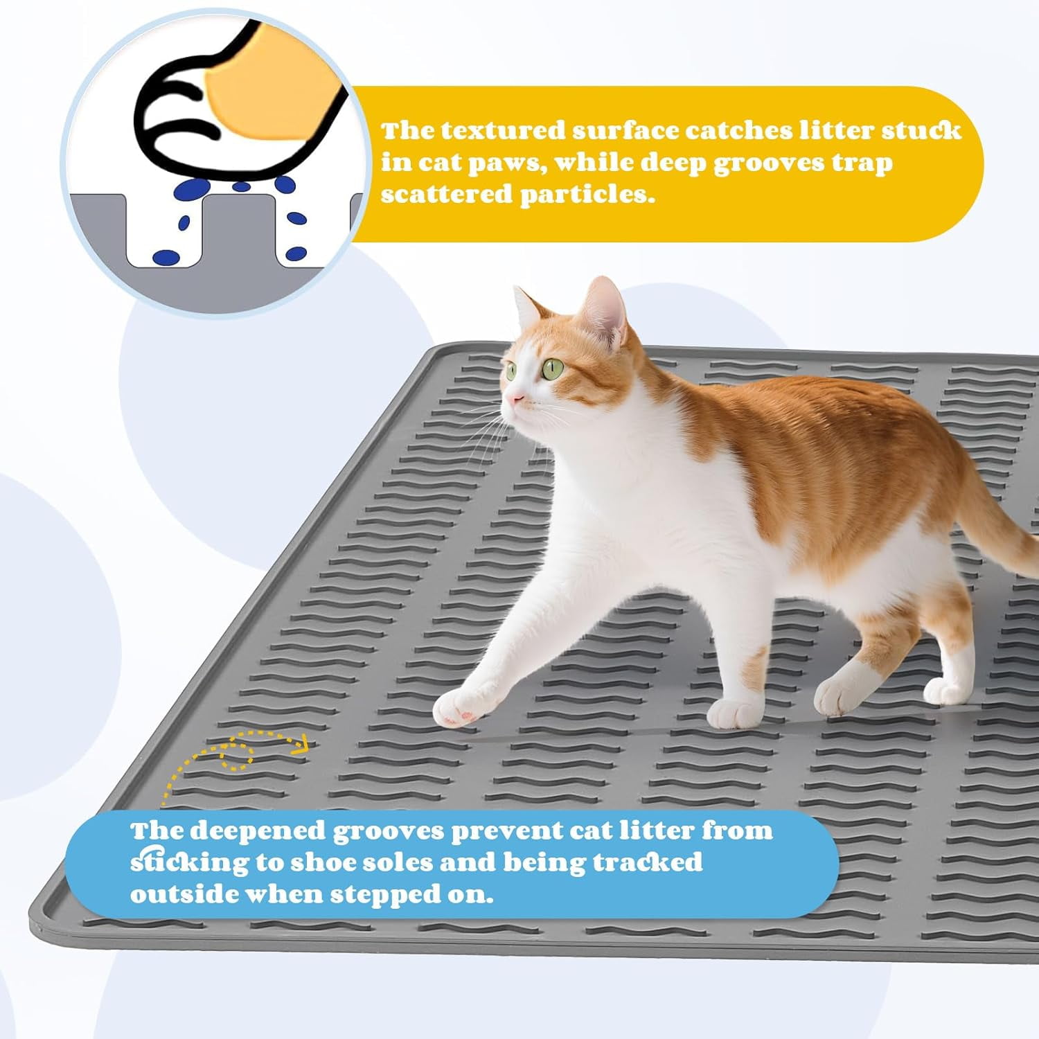 Cat Litter Mat, 47x35in Extra Large Silicone, Waterproof Floor Litter Box Mat Indoor, Jumbo Washable Litter Trapping Mat Easy Clean XXL, Grey