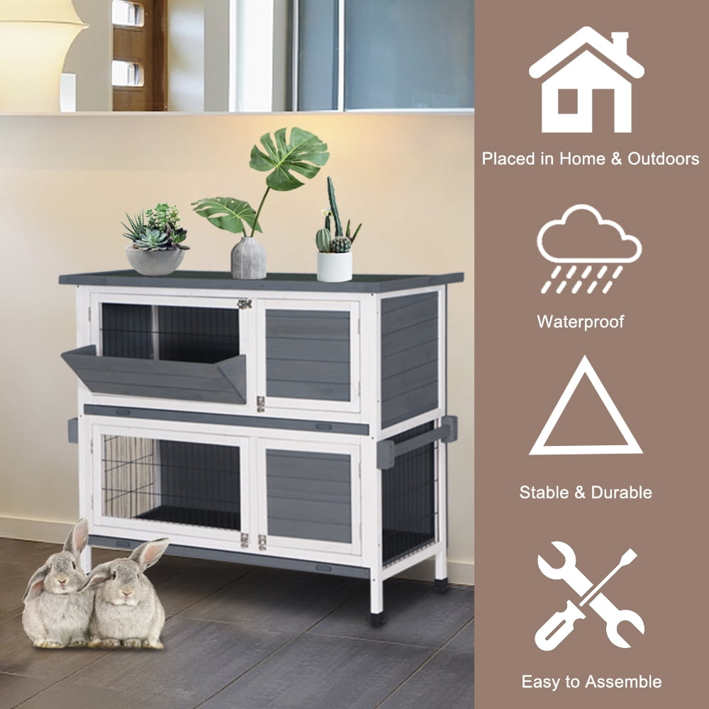 Lowestbest 48" Two Floors Wooden Rabbit Hutch, Chicken Coop House Wooden, Small Animal Cage with Ramp and Tray, White&Gray Lowestbest 48" Two Floors Wooden Rabbit Hutch, Chicken Coop House Wooden, Small Animal Cage with Ramp and Tray, White&Gray