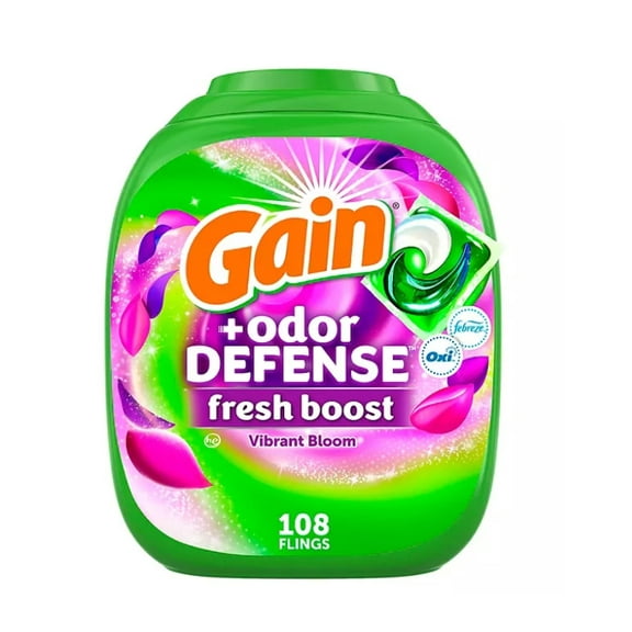 Gain Flings! Odor Defense Fresh Boost Laundry Detergent Pacs, Vibrant Bloom, 108