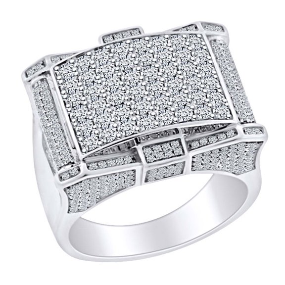 AFFY Father's Day Gift 2.25 Carat (Cttw) Round Cut White Natural Diamond Men's Cluster Fashion Wedding Band Ring 14k Solid White Gold Ring Size-9