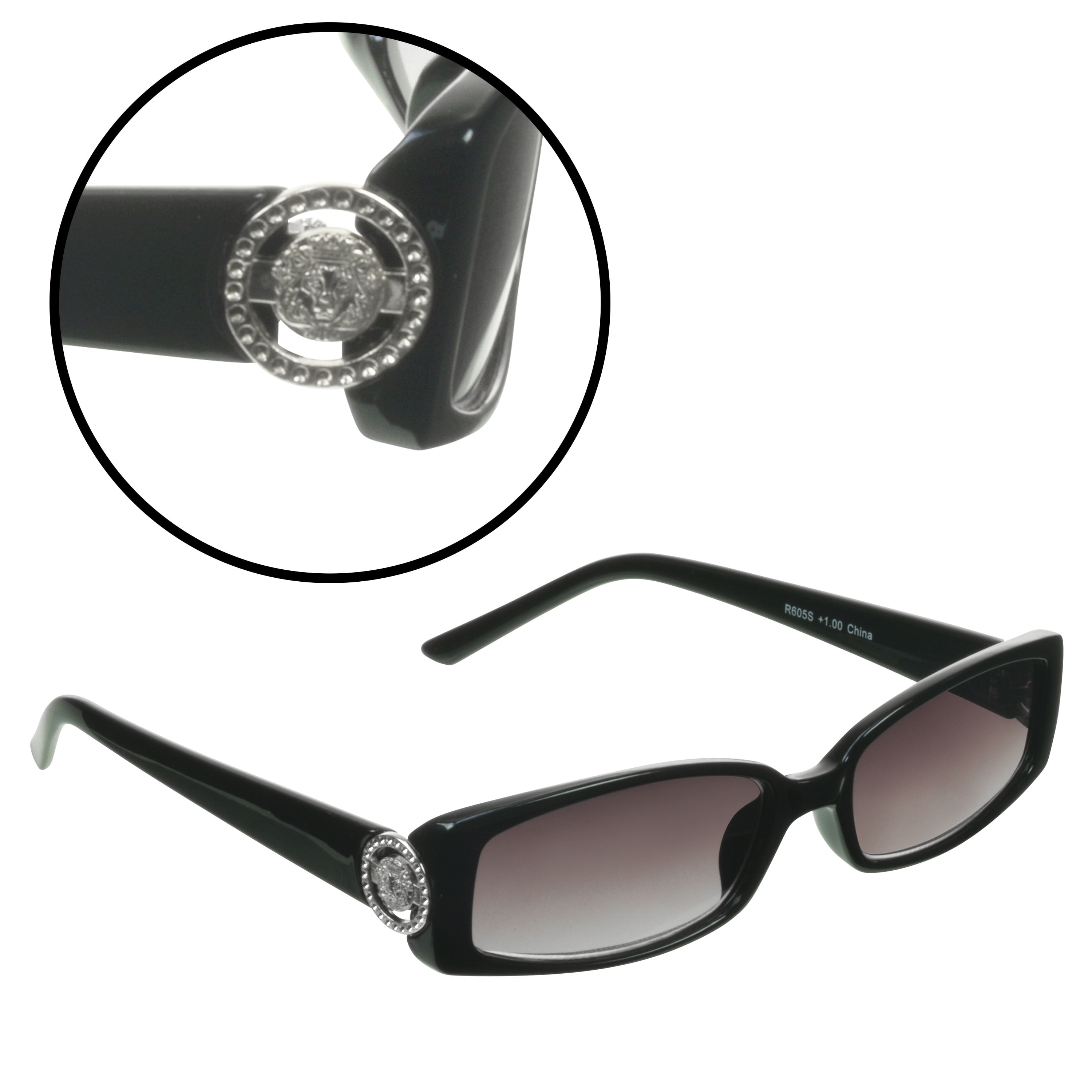 proSPORT Reading Sunglass Reader Rectangle Black Silver Frame Women NOT BIFOCAL