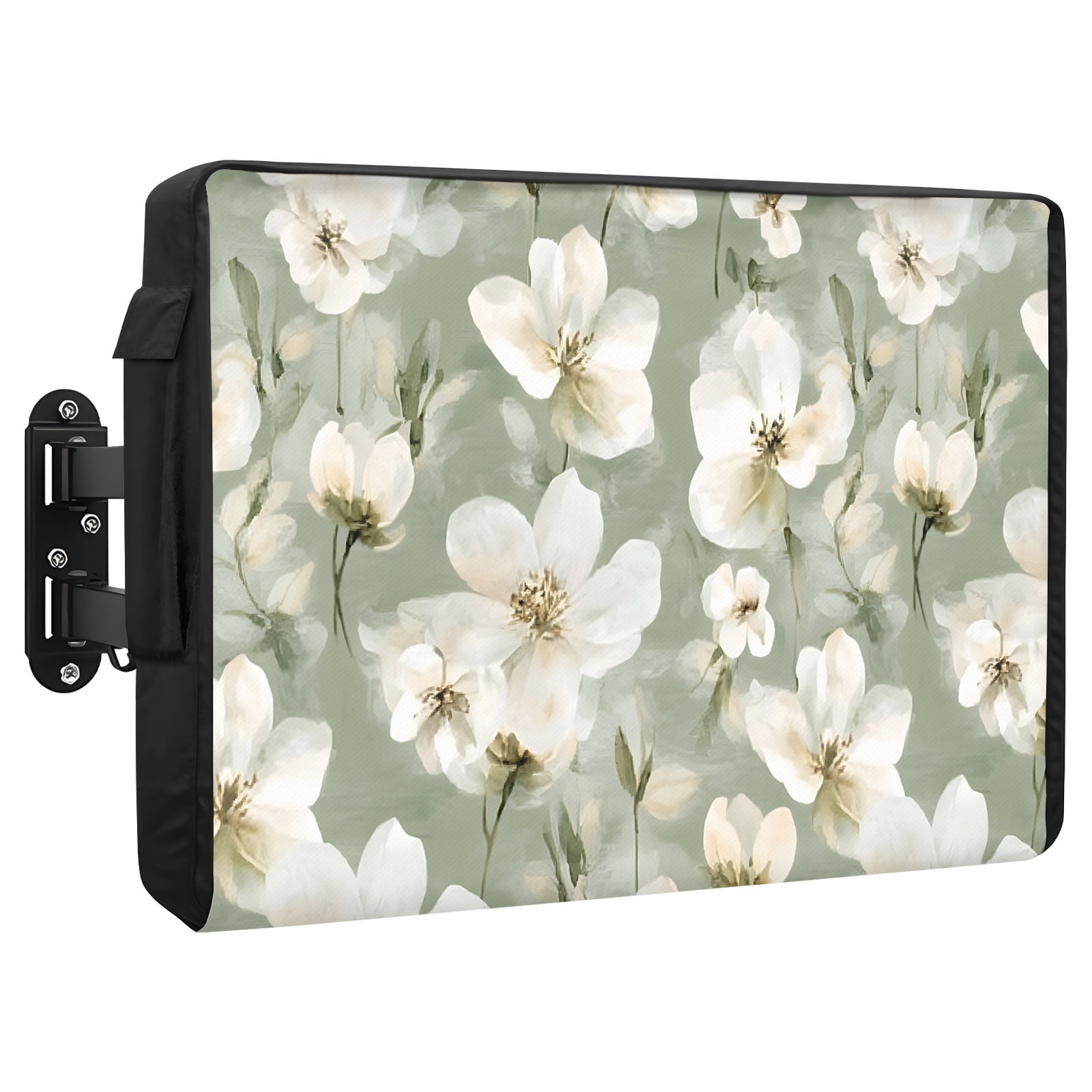 Vintage Magnolia Outdoor TV Cover 52 to 55 Inch White Blooming Floral Watercolor Green Weatherproof and Waterproof TV Cover Heavy Duty Outside Flat TV Screen Protector with Remote Control Pocket