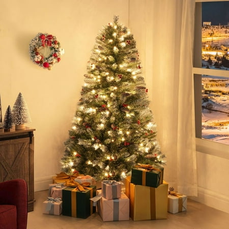 Vancouver 4.5ft Frosted Prelit Artificial Christmas Tree with Pine Cones, Faux Berries, Foot Pedal, 398 Branch Tips, 200 Warm Lights and Metal Stand, 33" wide Realistic Decorated Spruce Christmas Tree