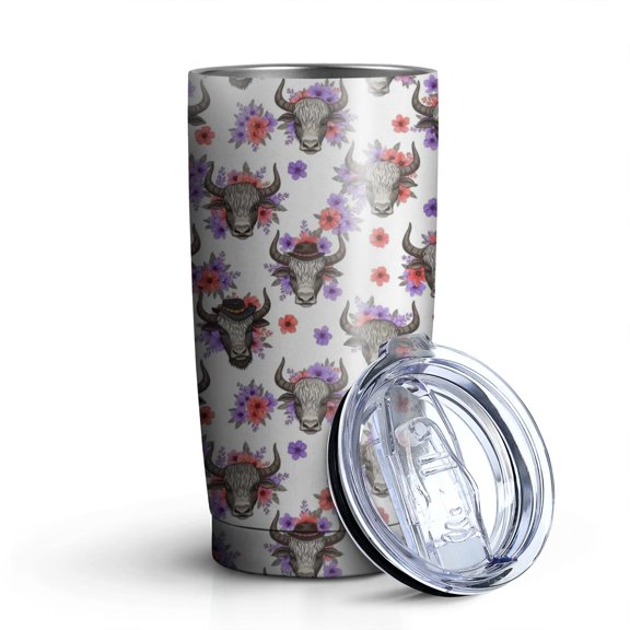 20oz Tumblers White Highland Cow Flower Pattern Stainless Steel Vacuum Insulated Double Wall Travel Tumbler Cups Mug with Lid and Straw,Cleaning Brush for Cold & Hot Drinks