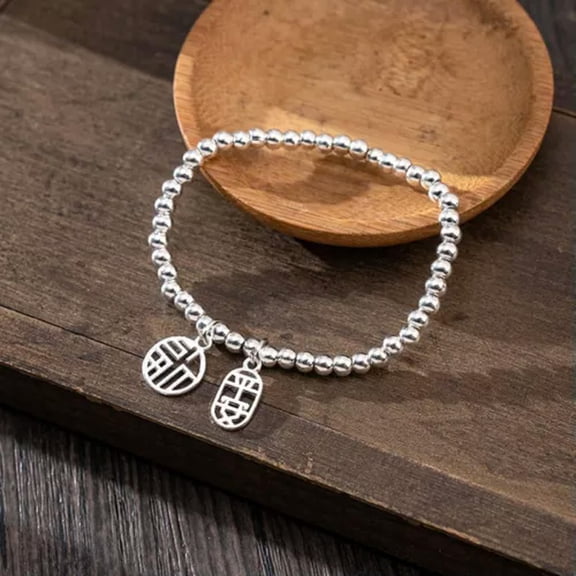 EOEMY 925 Silver Plated Attract Wealth Good Luck Beads Charm Bracelet Women Adjustable-Fu& Ping An