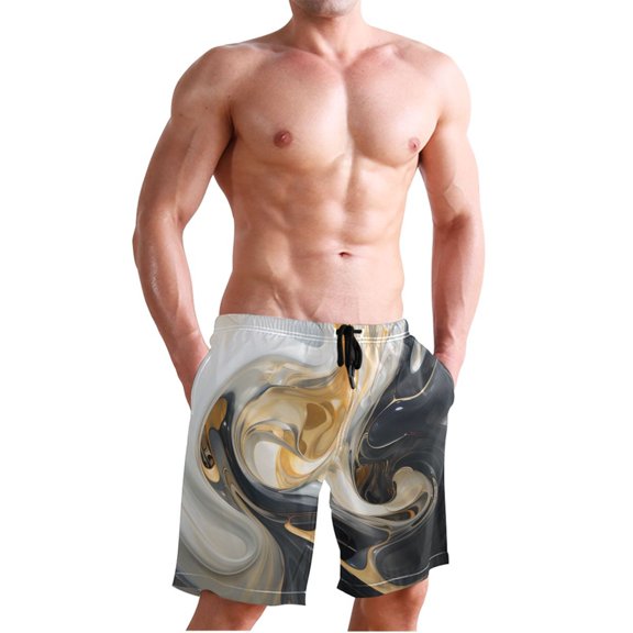 Dailycode Men's Quick Dry Swim Trunks Beach Shorts Casual Summer Board Shorts with Pockets, Black White Gold Tie Dye