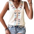 thumbnail image 2 of Karight Womens Sleeveless V Neck Geometric Embroidered Tassel Trim Boho Tank Top Casual Blouse, 2 of 5